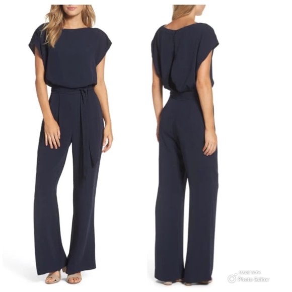 Eliza J Navy Blue Cap Sleeve Wide Leg Jumpsuit Size 6 - Picture 1 of 9